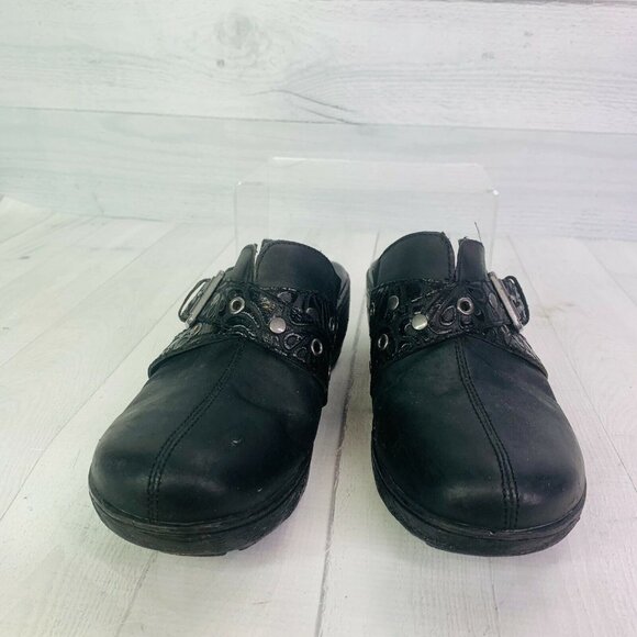 BOC Born Concept Black Leather CCAE16 Studs Buckle Wedge Clogs Mules Sz 9 M - Picture 4 of 10